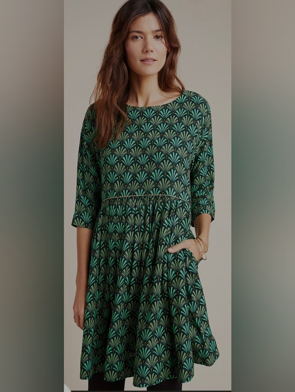 Anthropologie Green Patterned Three-Quarter Sleeve A-Line Dress - Picture 2 of 9
